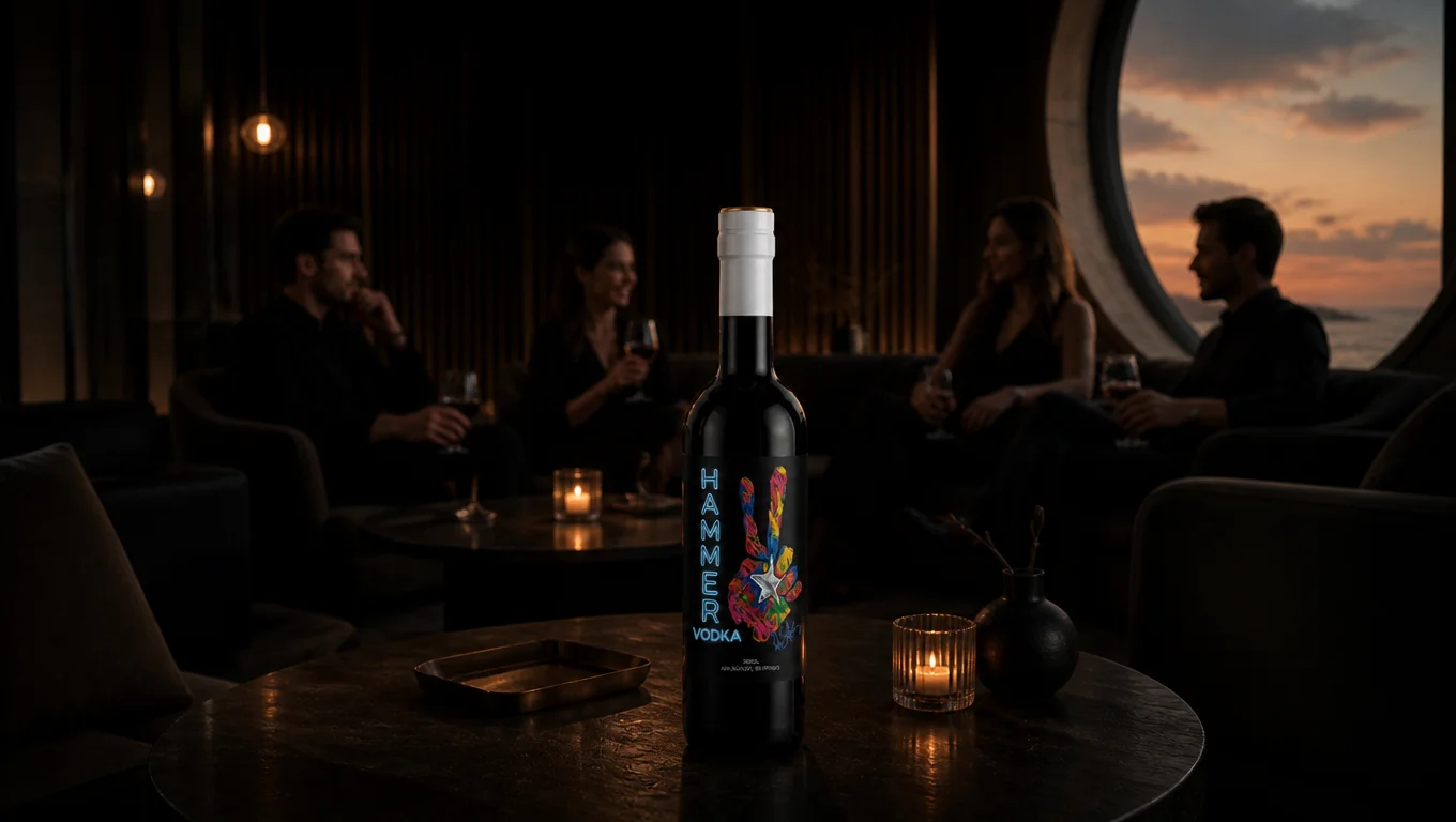 Hammer Vodka on a table in a softly lit coastal lounge