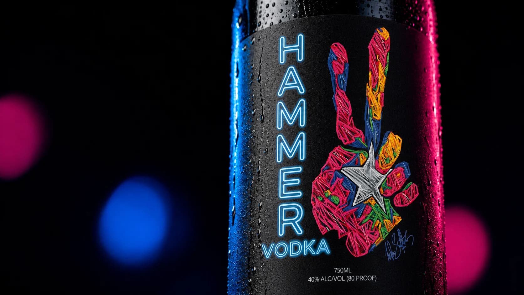 Hammer's black vodka bottle with its colorful hand emblem, lit in blue and pink