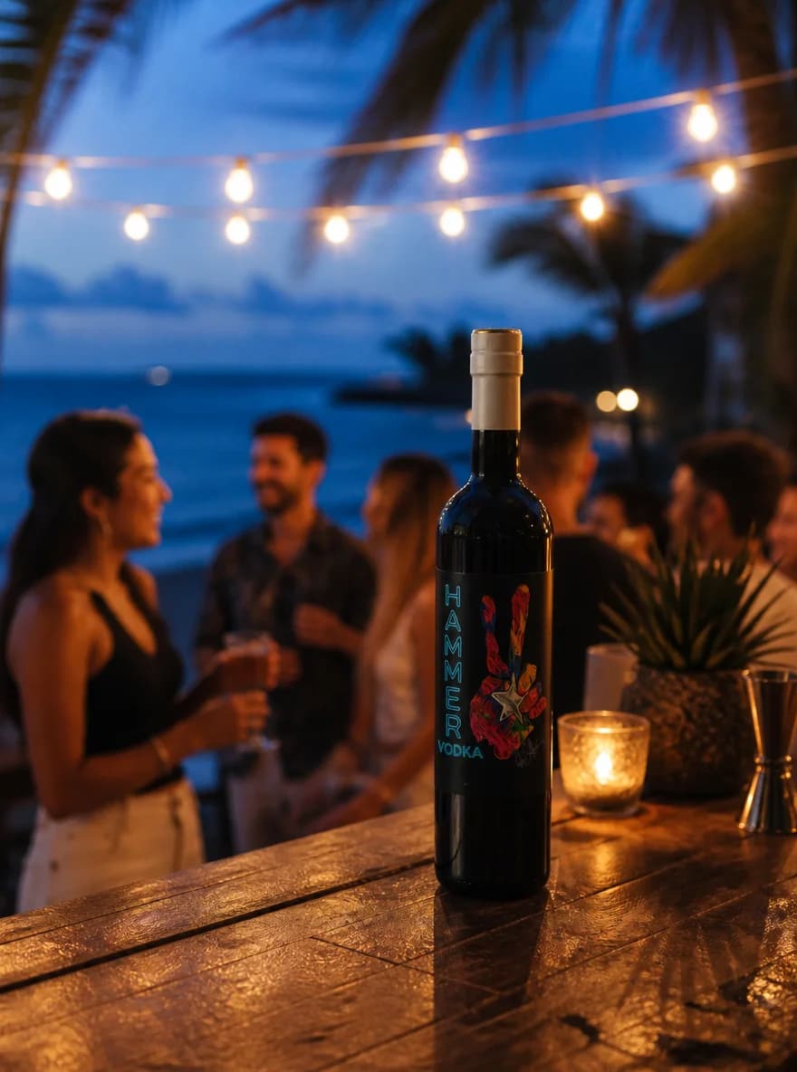 Friends gathered on a coastal patio at dusk